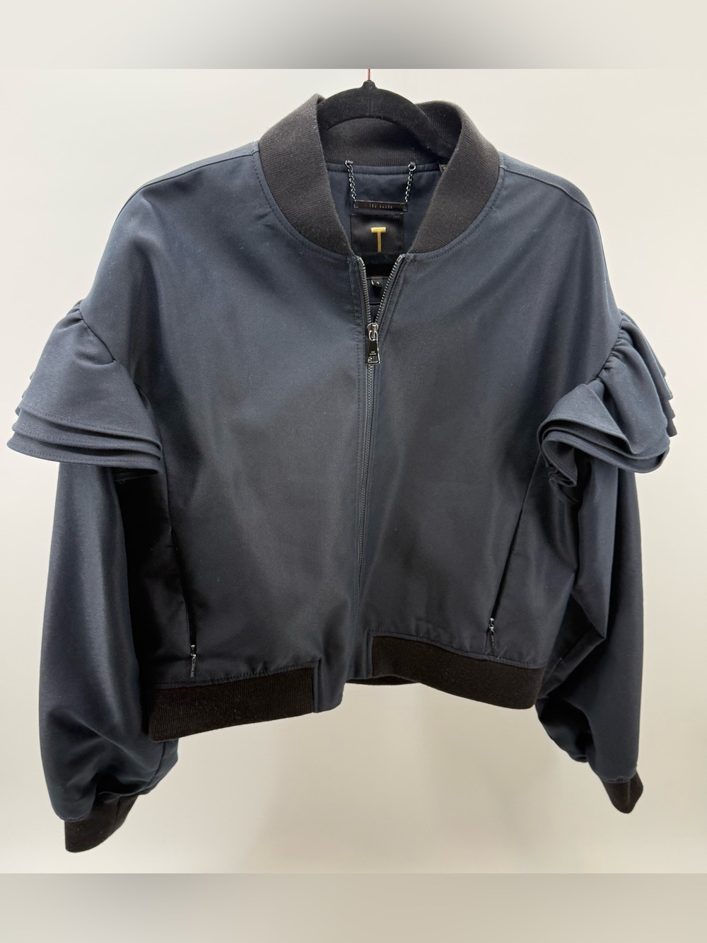 Ted Baker Beckiey Exaggerated Ruffle Sleeve Bomber Jacket Black Size 4 / US 10